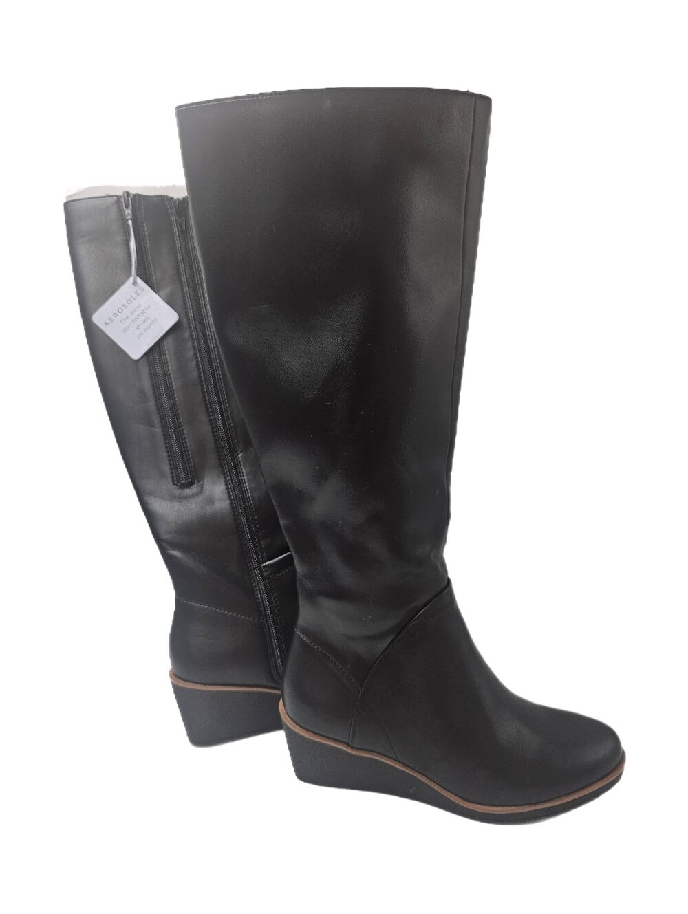 Aerosoles Binocular Black Leather Wedge Knee High Boots 7 NWOB